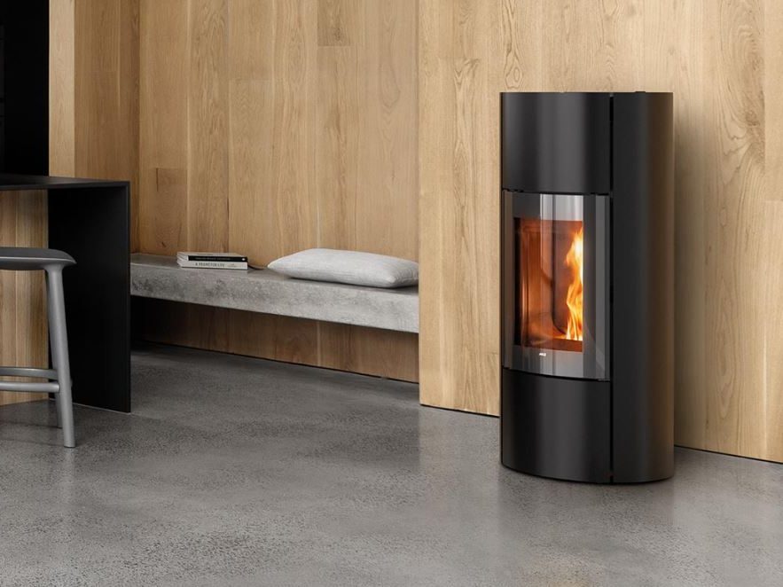 Modern pellet stove burning efficiently in a cosy Cornwall living room