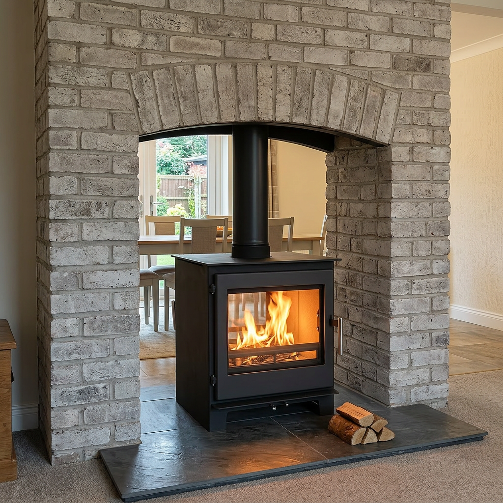 Multi-fuel stove with glass door burning brightly in a traditional Cornwall cottage setting