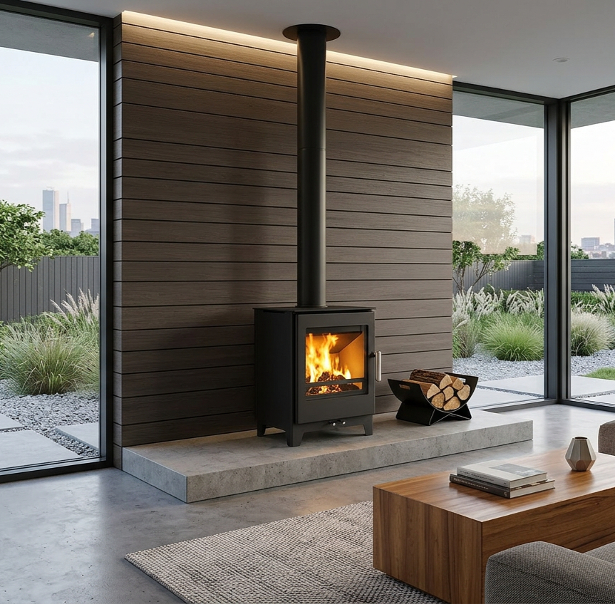 Twin-wall flue system installed through a Cornwall roof for a wood-burning stove
