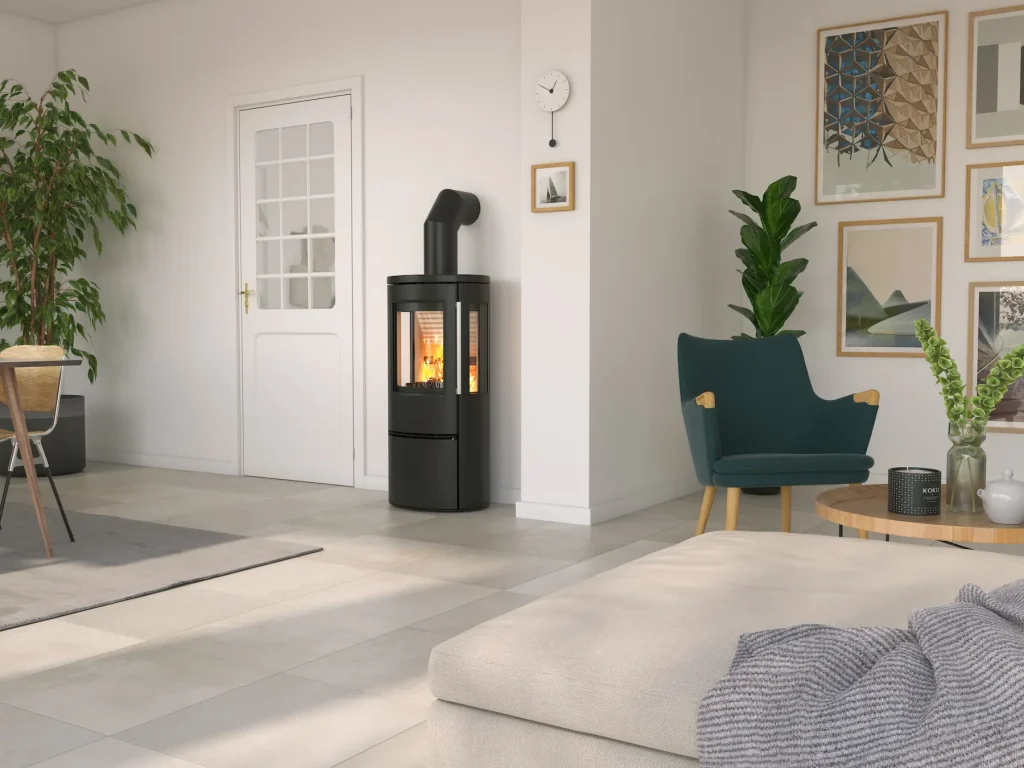 Termatech TT23RG wood-burning stove with flame visible in Cornwall installation